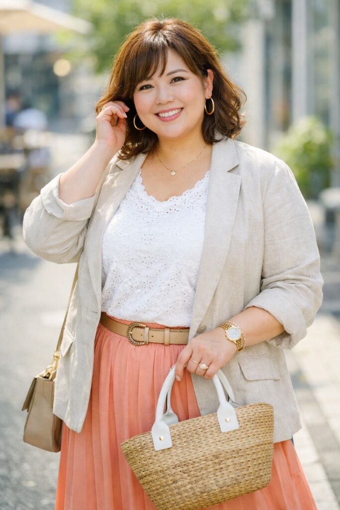 明るくておしゃれなぽっちゃり体型の40代女性イメージ